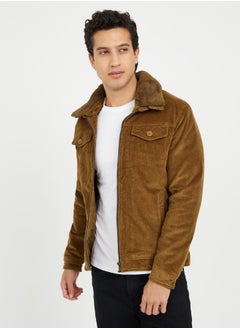 Buy Textured Collared Jacket with Zip Closure in Saudi Arabia