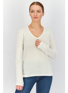 Buy Women V-neck Long Sleeve Solid Sweatshirt, White in Saudi Arabia