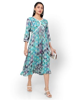 Buy MULTICOLOUR SOFT VISCOSE PRINTED FRONT LACE STYLED ARABIC KAFTAN JALABIYA DRESS in Saudi Arabia