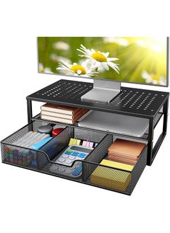 Buy 2 Tier Metal Monitor Stand Riser Desk Organizer With Drawer And Shelf Computer Stand Riser With Ventilated Panels For Laptop Printer Office Desk Accessories Storage Black in Saudi Arabia