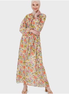 Buy Floral Print Balloon Sleeve Dress in UAE