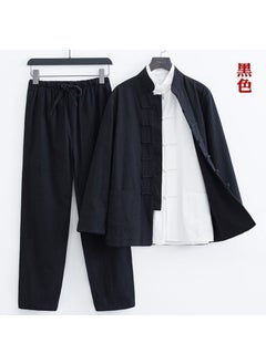 Buy Mens Cotton Linen Tang Suit Set Chinese Style Tea Attire Black two-piece jacket pants] in UAE