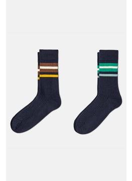 Buy Men 2 Pairs Rib Knit Socks,Navy Blue in UAE