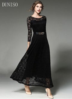 Buy Womens Evening Dress Lace Round Neck Dress for Wedding Party Long Sleeve A Line Long Dresses Womens Banquet Party Dress Bridesmaid Dress in Saudi Arabia