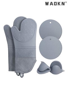 Buy Oven Mitts Set, Heat Resistant Silicone Gloves Anti-Hot Trivets Mats Cauldron Pan Dish Holders with Non-Slip for Kitchen Baking Cooking 6 Pcs Grey in Saudi Arabia