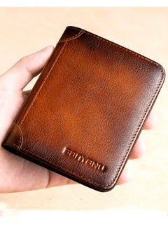 Buy Portable Business Men's Genuine Leather Anti-theft Brush Ultra-thin Multi-card Slot Short Wallet Cash clip wallet brown in Saudi Arabia