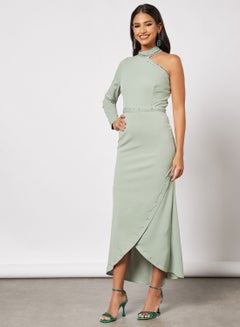 Buy Asymmetric Neck Wrap Dress in UAE