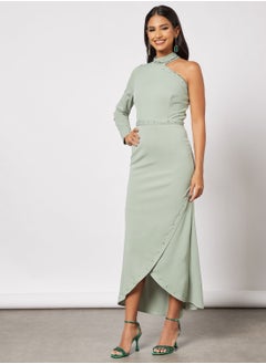 Buy Asymmetric Neck Wrap Dress in UAE