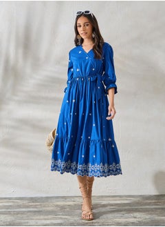 Buy Contrast Embroidery Detail Wrap Front Midi Dress in Saudi Arabia