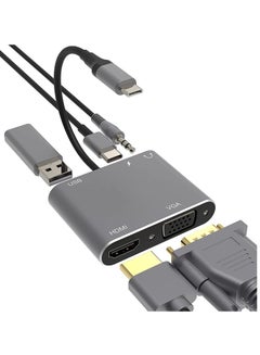 اشتري محول متعدد المنافذ 5 في 1 من VGA الى HDMI 4K، منفذ USB 3.0 نوع C لنقل البيانات، منفذ ميكروفون/صوت 3.5 ملم، تقنية توصيل الطاقة PD بقدرة 100 واط، لاجهزة ماك بوك اير وديل XPS وغير ذلك في السعودية