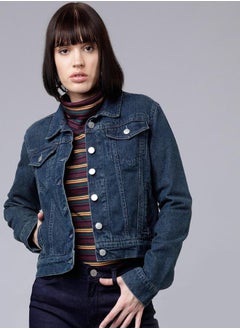 Buy Solid Cropped Denim Jacket in Saudi Arabia