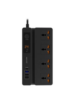 Buy Multi-Function Socket With Phone Stand and Digital Timer 3M, Three USB-A Output Ports Fire-Proof Material Power Strip, 3000 Watts AC Output, Power Button & 24Hr Timer - Black in UAE