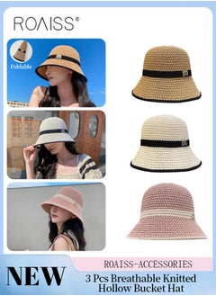 Buy 3 Pcs Breathable Knitted Hollow Bucket Hat, Foldable Sun Visor Hat With Letter Decoration, Summer Outdoor Beach Garden Fishing Hiking in UAE