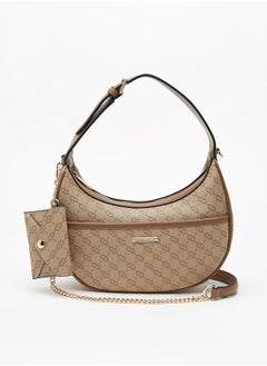 Buy Women's Monogram Print Shoulder Bag with Pouch and Chain Link Strap in UAE