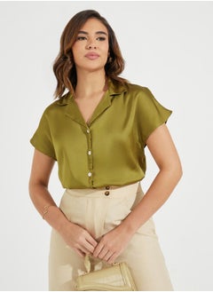 Buy Satin Regular Fit Solid Buttoned Shirt with Cap Sleeve in Saudi Arabia