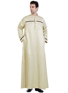 Buy Mens Stand Collar Concise Style Long Sleeve Abaya Robe Islamic Arabic Casual Kaftan Beige in UAE