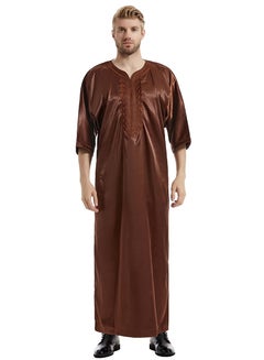 اشتري Men's Solid Color Satin Embroidery Half Sleeve Abaya Robe Islamic Arabic Casual Kaftan Coffee في الامارات