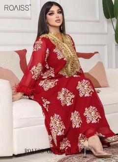 Buy Ramadan Women Muslim Dress Sequin Red Mesh Embroidery Evening Party Gown Bell Sleeve Long Dresses Party Robe Women Embroidery Islamic Dresses in Saudi Arabia