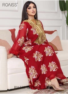 Buy Ramadan Women Muslim Dress Sequin Red Mesh Embroidery Evening Party Gown Bell Sleeve Long Dresses Party Robe Women Embroidery Islamic Dresses in Saudi Arabia