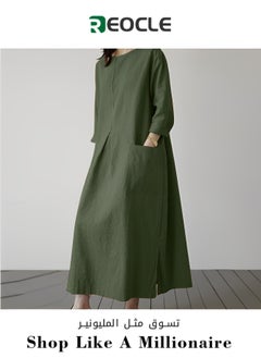 Buy New Long-sleeved Women's Dress Cotton Linen Dress Spring Round Neck Elegant Dress Women's Casual Fashion Holiday Sundress in UAE