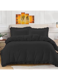 اشتري BedDecor Ruffled Trim Duvet Set Super-Soft Breathable Zipper and Corner Ties with 2 Matching Pillow Sham 600TC Black في السعودية