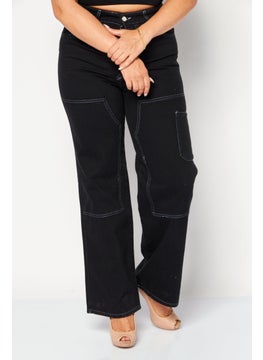 Buy Women Straight Fit Solid Wide Leg Denim Jeans, Black in Saudi Arabia