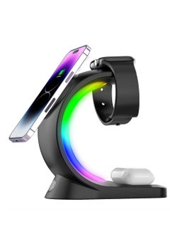 اشتري 3 in 1 Magnetic Wireless Charger Stand with RGB Lights for Apple iPhone mobiles في الامارات