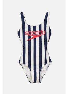 اشتري Women Non Padded Brand Logo Stripe Sleeveless One Piece, Navy and White في السعودية