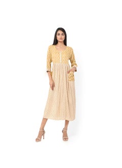 Buy SHORT YELLOW COLOUR STYLISH HIGH QUALITY PRINTED WITH FRONT BUTTONED STYLED ARABIC KAFTAN JALABIYA DRESS in Saudi Arabia