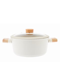 Buy Swiss Crystal High Quality Ceramic Coating Non-Stick Casserole - 28cm- Glass Lid With Protective Silicon Edge - Natural Wood Handles and Knob - Beige in UAE