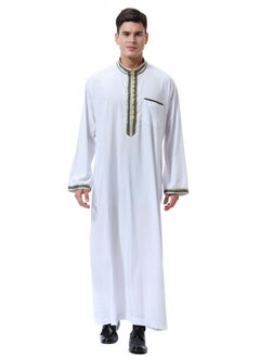 Buy Mens Jacquard Stand Collar Concise Style Long Sleeve Abaya Robe Islamic Arabic Casual Kaftan Whith Pocket White in Saudi Arabia