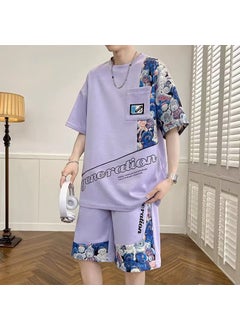 اشتري Mens Casual Short Sleeve Printed Suit F22 suit-purple في السعودية