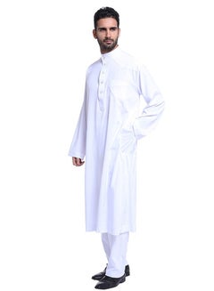 Buy Mens Solid Color Muslim Stand Collar Clothing Kaftan Set Middle East Robe Suit Round Neck Islamic Dress Arabic Wear White in Saudi Arabia