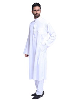 اشتري Mens Solid Color Muslim Stand Collar Clothing Kaftan Set Middle East Robe Suit Round Neck Islamic Dress Arabic Wear White في السعودية