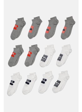 Buy Men 12 Pairs Brand Logo Ankle Socks, White/Grey Combo in UAE