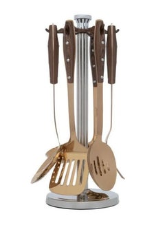 Buy A set of dark brown steel cooking spoons with a wooden handle, with a stand, 7 pieces in Saudi Arabia