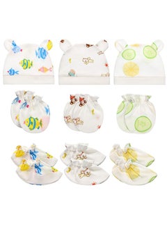 اشتري 9Pcs Newborn Cap Mitten Sock, Including 3 Pieces Newborn Hats, 3 Pairs Baby No Scratch Mittens Gloves and 3 Pairs Infant Socks for 0-6 Months Unisex Baby Boys Girls Set Multicoloured في الامارات