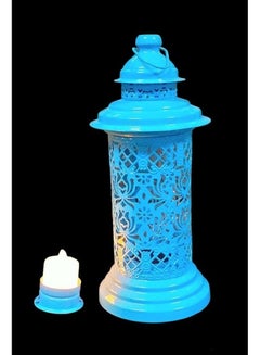 Buy A perforated metal lantern with a candle holder included and an electronic candle, 30*5 cm, suitable as a beautiful home decor, blue color in Egypt