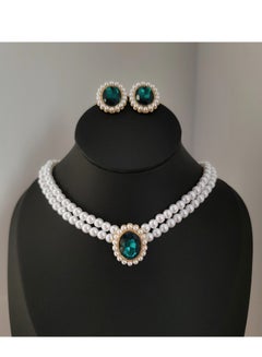 Buy CHILIFA 2-Piece Pearl Emerald Necklace and Stud Earrings Jewelry Set in Saudi Arabia