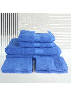 اشتري 8 Pcs MATRIX Dyed Towel set 500 GSM 100% Cotton Terry Zic Zac Border 2 Bath Towel (70x140) cm, 2 Hand Towel (50x90) cm, & 4 Face Towel (33x33) cm Soft Feel Highly Absorbent Dark Blue Color في الامارات