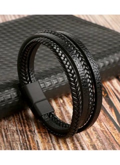 Buy Classic Multilayer Braided Leather Bracelet for Men with Magnetic Clasp (Black) in Saudi Arabia