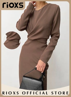Buy Women's Fashion Slim Dress Long Sleeve Round Neck Bodycon Sheath Dress Casual Solid Pencil Dress in UAE