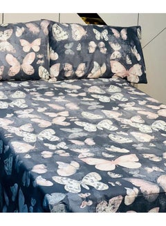 Buy Polycotton, Ally,  King Size Sheet Set 3pcs, Butterfly Design, 1 Printed Flat Sheet 240x260cm, 2 Pillow Covers 50x75+20cm, Wider Pillow Flap, Soft Bedding & Pillowcases, Grey Pink Butterflies. in UAE
