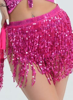 Buy Sequin Fringe Waist Chain Skirt Sparkly Belly Dance Tassel Waist Wrap Belt Skirts Party Rave Costume Rose Pink in UAE