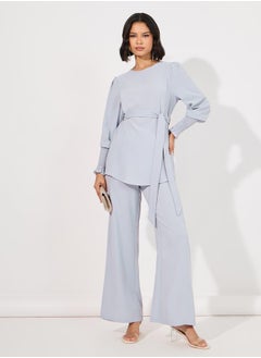 Buy Solid Cuff Sleeves Longline Top & Wide Leg Pants Modest Set in Saudi Arabia