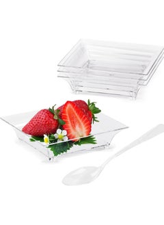 اشتري Mini Appetizer Plates, Mini Dessert Plates for Appetizers with Tasting Spoons, Small Disposable Plastic Plates Set, Reusable Crystal Clear Plastic Party Serving Hors D'oeuvres Plates (100PCS Square) في الامارات