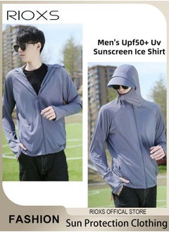 Buy Men's UPF 50+ Sun Protection Clothing, Outdoor Lightweight Full Zip Hoodie Jacket with Face Mask Design, Comfy Breathable Long Sleeve Coat with Thumbholes and Detachable Brim, Suitable for Daily Wear, Sports Training, Hiking, Fishing, Climbing or Other Outdoor Activities in Saudi Arabia