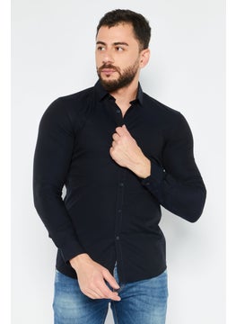 Buy Men Slim Fit Long Sleeve Textured Casual Shirt, Navy Blue in UAE