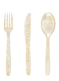 اشتري 30 Pieces PVC Plastic Knife and Fork Cutlery Set,Disposable Gold Glitter Tableware Set - Includes: 10 Forks, Spoons, Knives Fancy Partyware في الامارات