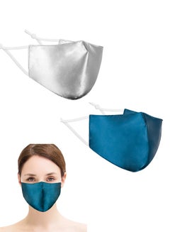 Buy 2 Pcs Silk Satin Elastic Face Masks, Soft Washable Two Sided Imitation Silk Mask for UV Protection, Face Mask with Elastic Ear Loop (Blue+Grey) in Saudi Arabia